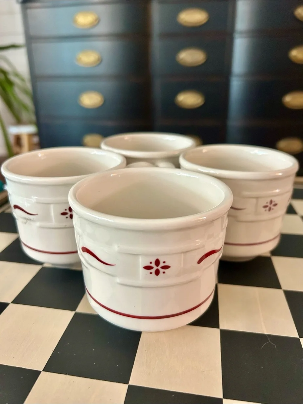 Longaberger Pottery with Red Floral Accent - Set of 4 mugs